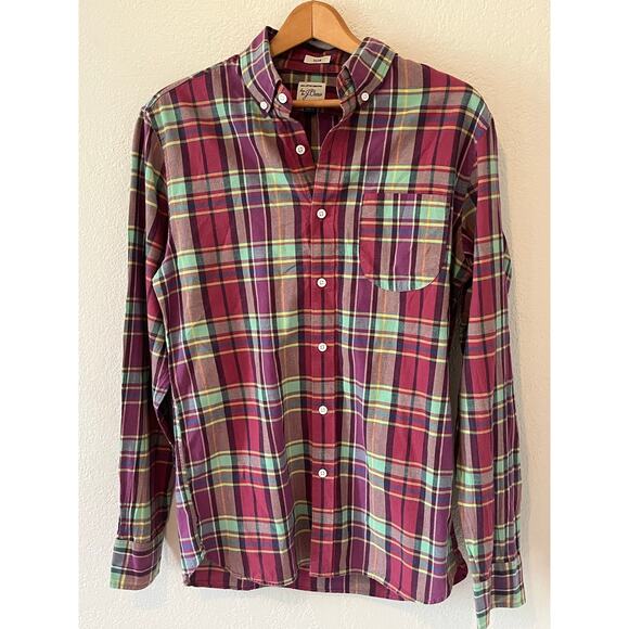 Men's J Crew Maroon Green Plaid Button Down Slim  Casual Cotton Dress Shirt Sz M - Picture 1 of 3